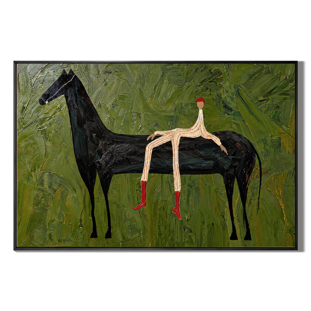 "Pastoral Reverie" – Olive Green Minimalist Black Horse Impasto Oil Painting