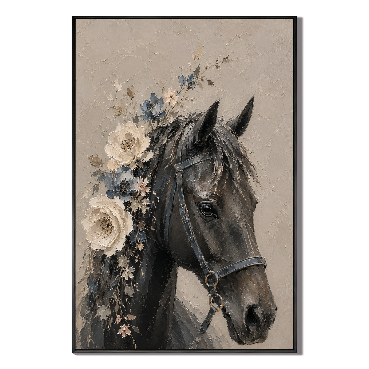"Eternal Tenderness" – Textural High-Relief Black Horse with Peony Wreath