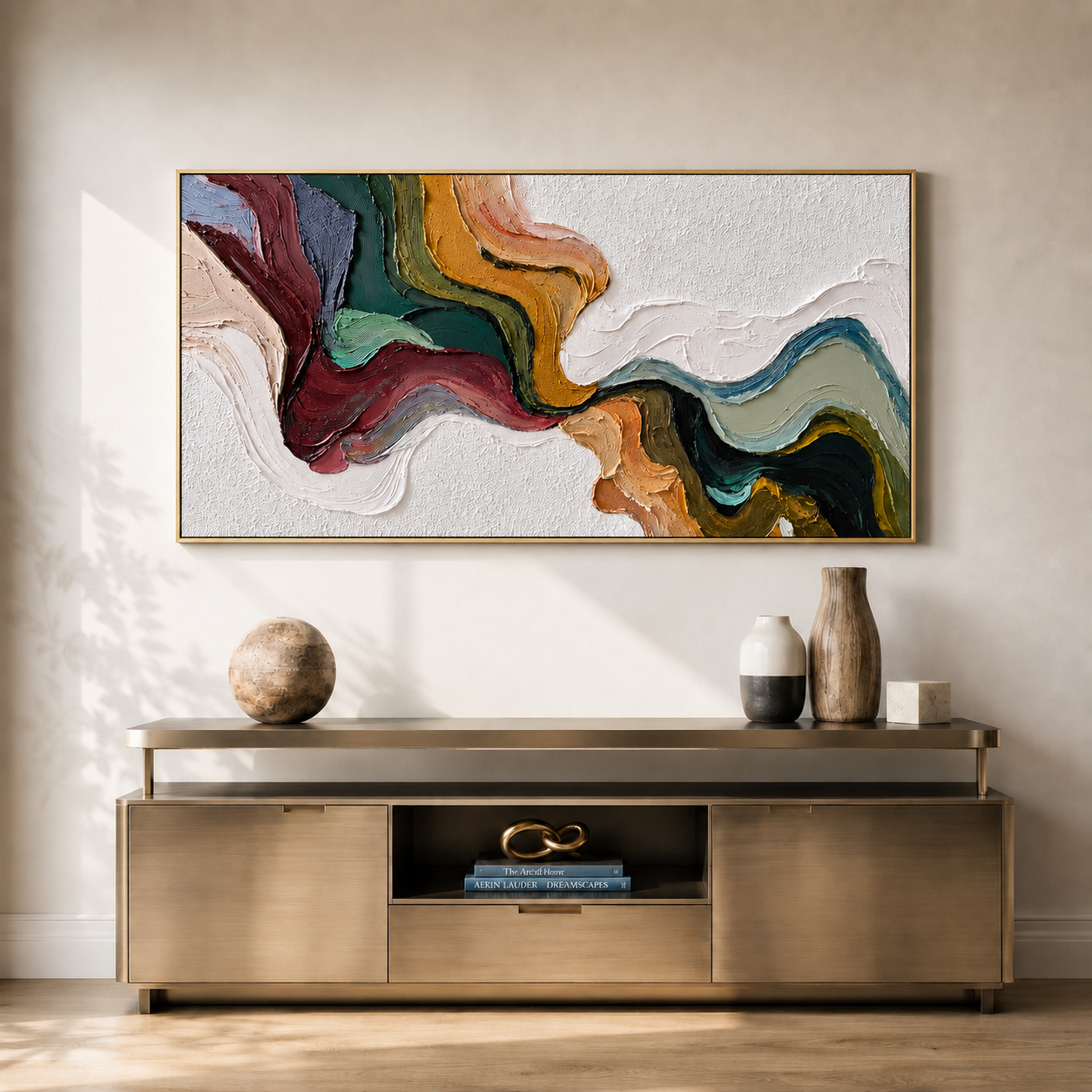 “Earthen Current” – Textured Abstract Impasto Painting in Olive Green and Ochre