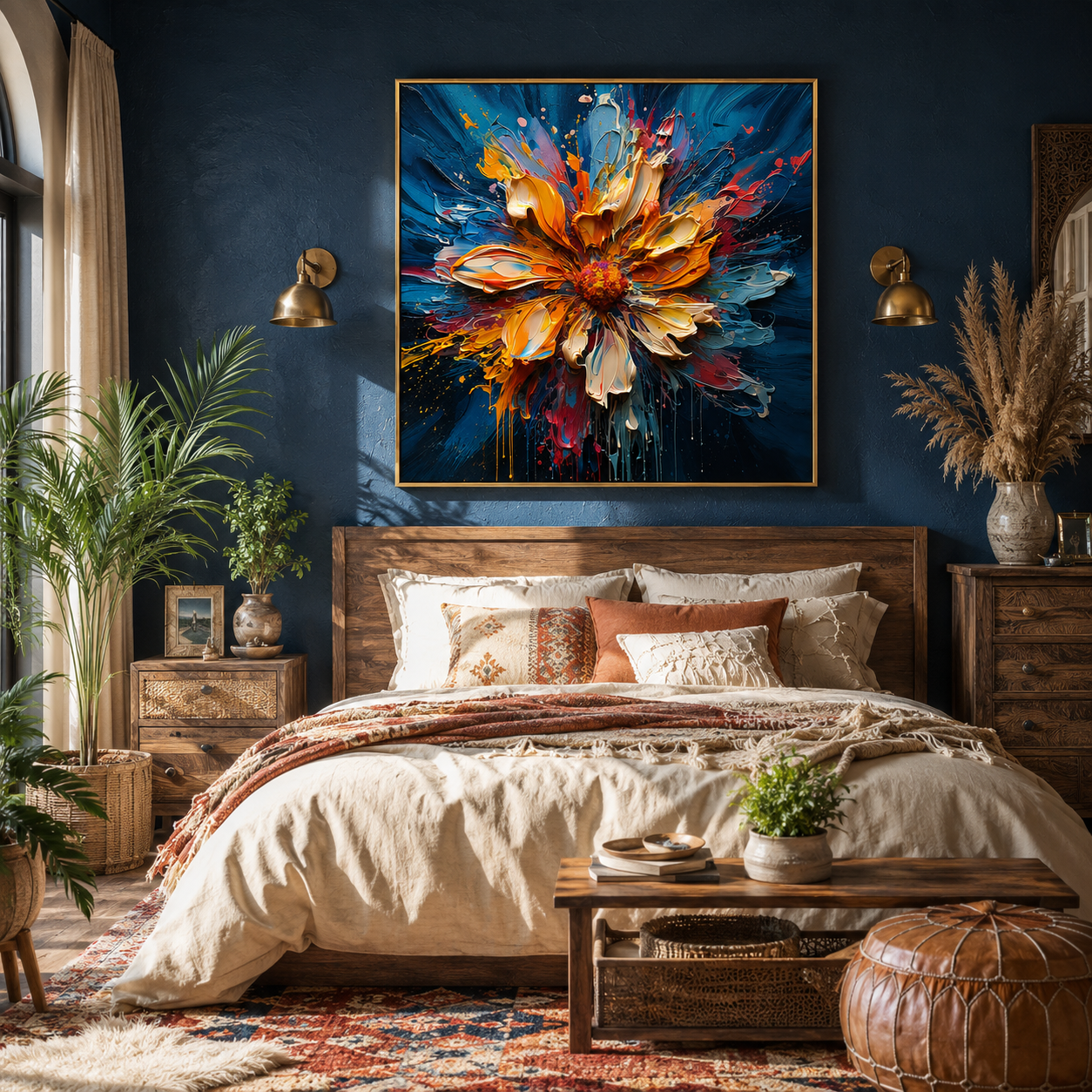 "Radiant Bloom" – Orange Blue Floral Textured Oil Painting