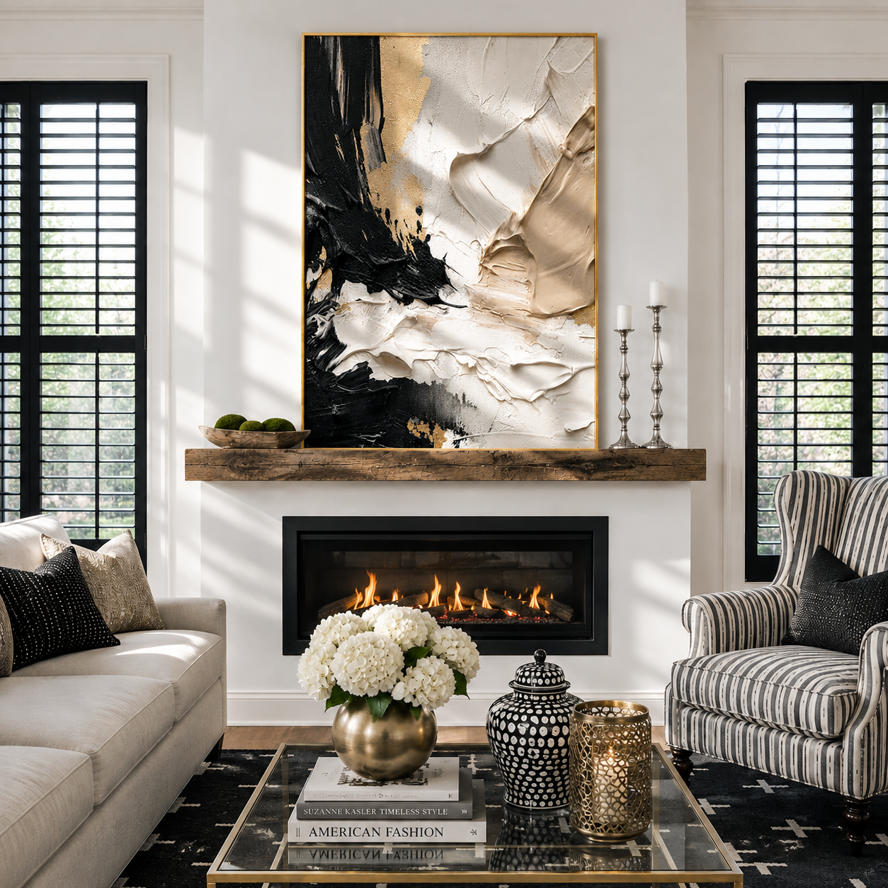 "Gilded Contrast" – Black White Gold Textured Abstract Painting