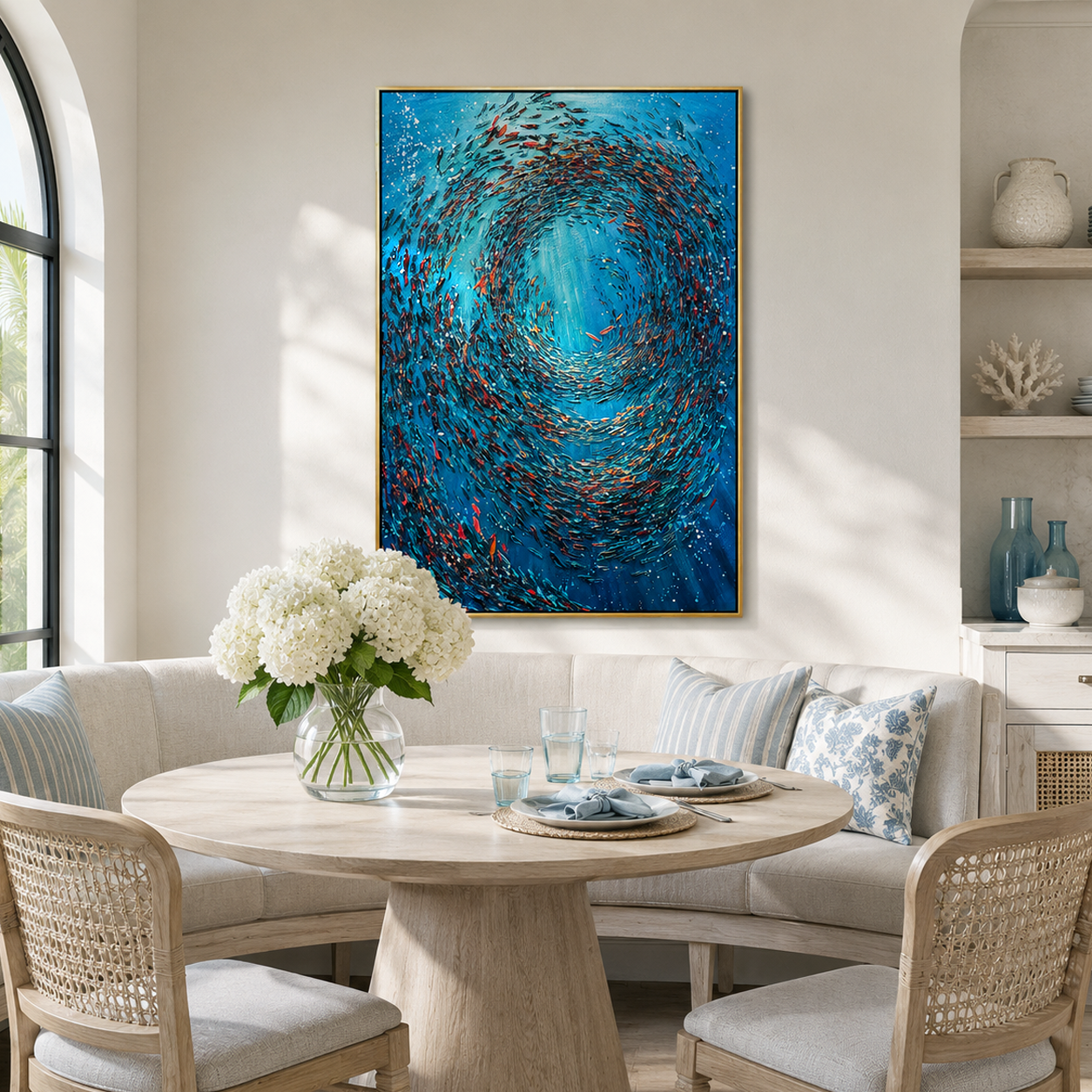 "Ocean Vortex" – Blue Abstract Fish School Textured Oil Painting