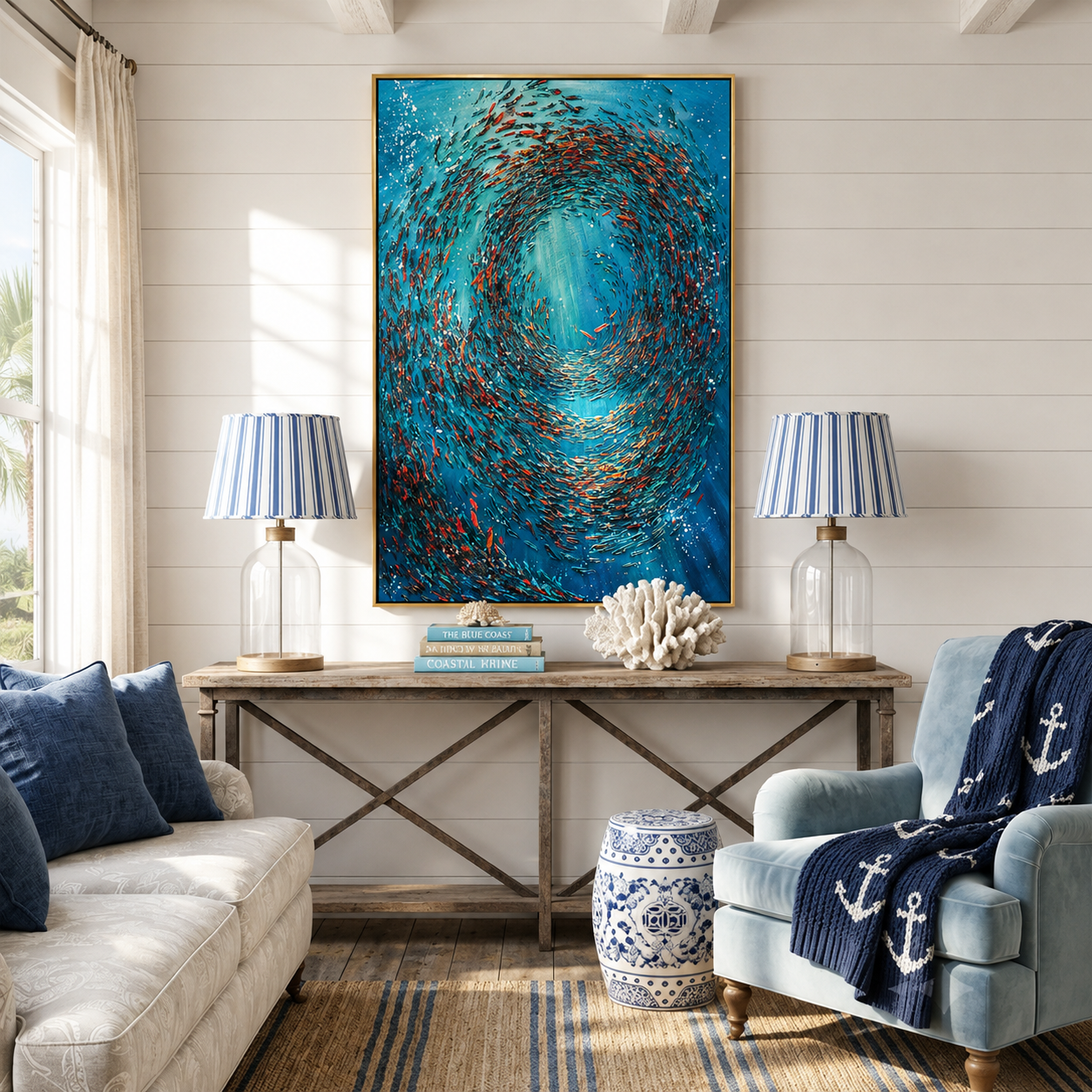 "Ocean Vortex" – Blue Abstract Fish School Textured Oil Painting