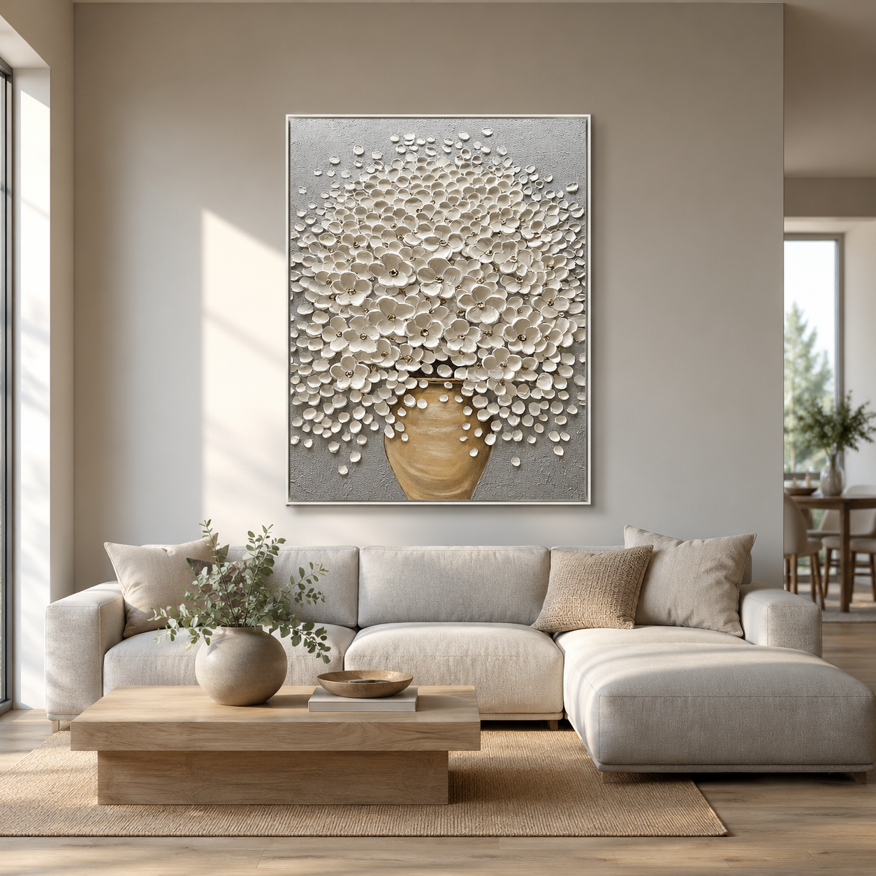 "Ivory Blossom Grace" – White Floral Vase Textured Oil Painting