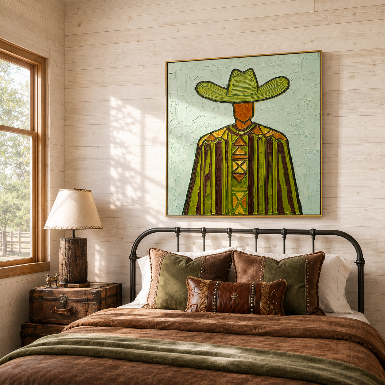 "Green Frontier" – Vintage Western Cowboy Textured Oil Painting