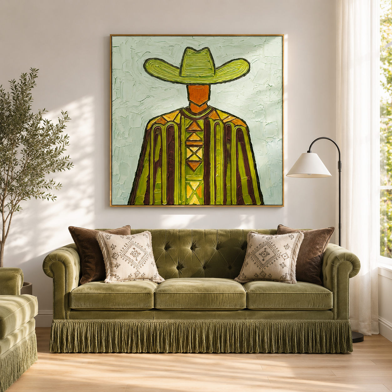"Green Frontier" – Vintage Western Cowboy Textured Oil Painting