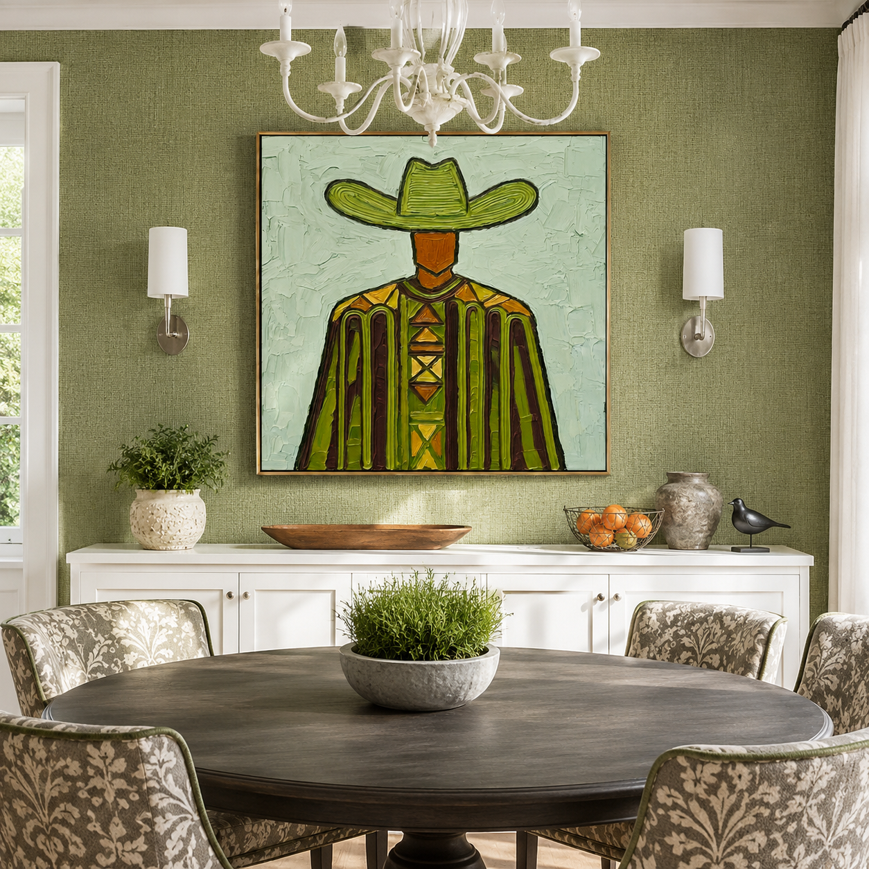 "Green Frontier" – Vintage Western Cowboy Textured Oil Painting