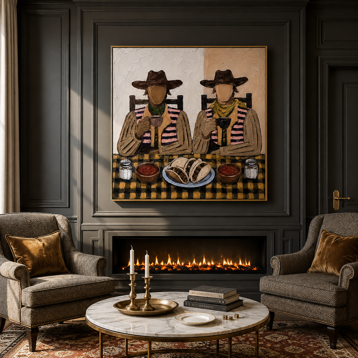 "Taco Companions" – Vintage Western Dining Textured Oil Painting
