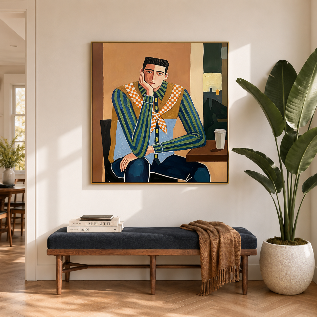 "Café Drifter" – Modern Western Man Oil Painting in Blue and Camel