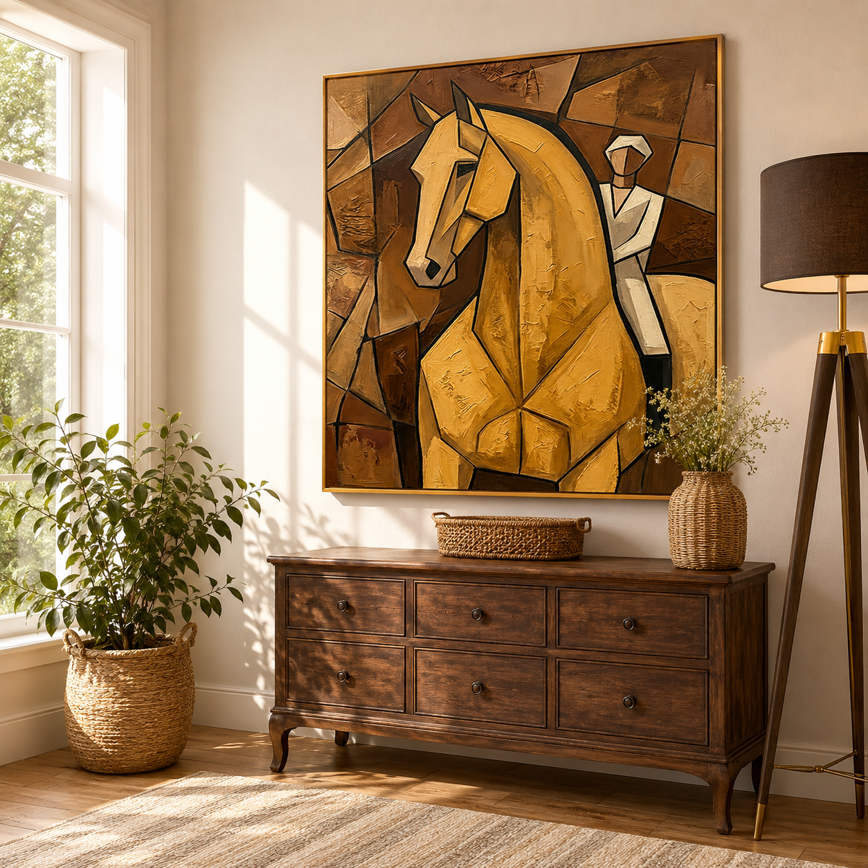 "Golden Equestrian" – Cubist Horse Rider Oil Painting in Warm Brown Tones