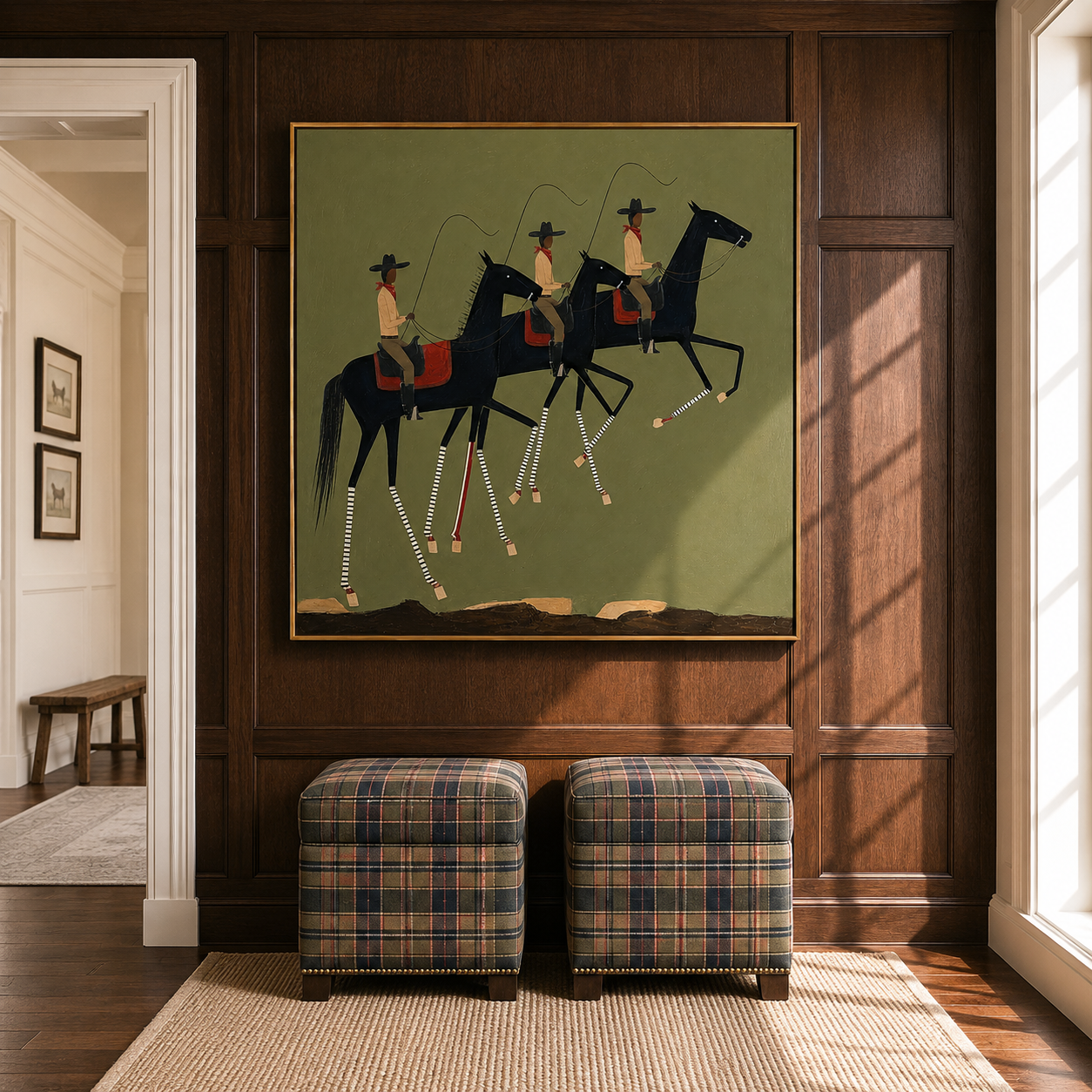 "Riders in Rhythm" – Western Cowboy Horse Parade Oil Painting in Olive Green