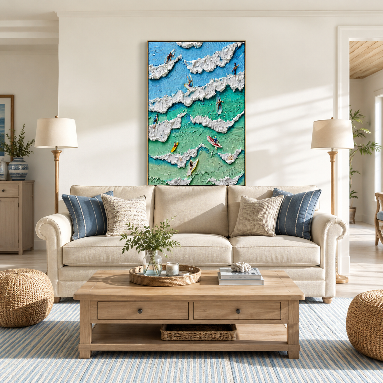 “Surfing the Summer Tide” – Coastal Surfer Impasto Oil Painting