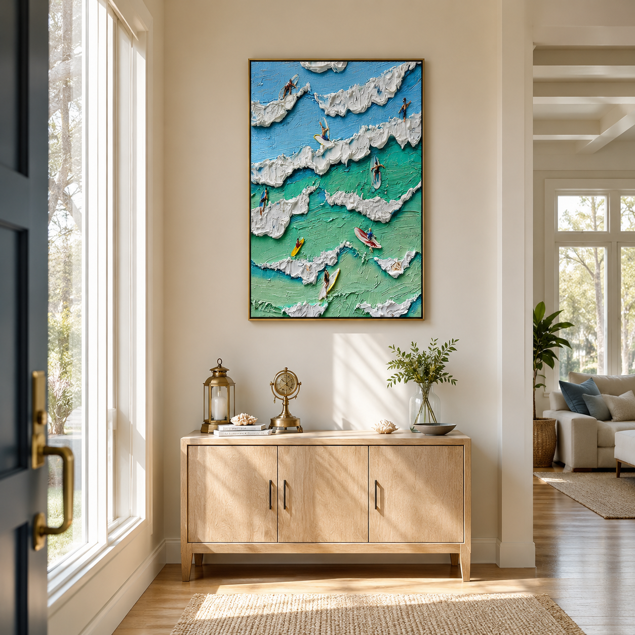“Surfing the Summer Tide” – Coastal Surfer Impasto Oil Painting