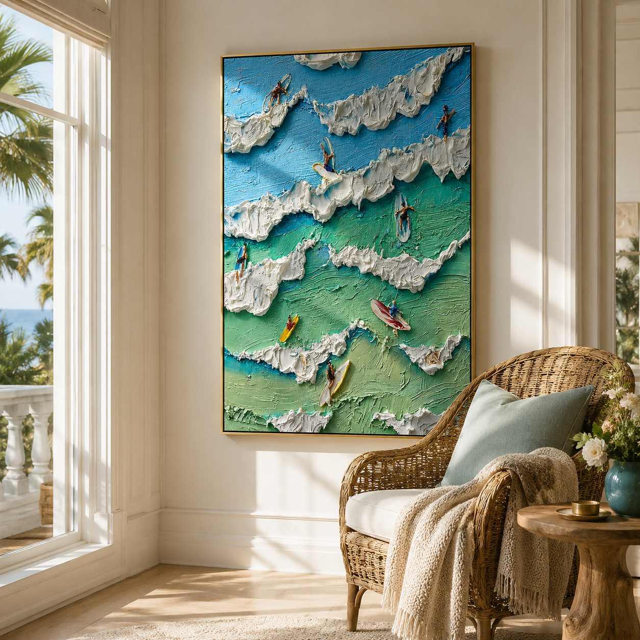 “Surfing the Summer Tide” – Coastal Surfer Impasto Oil Painting