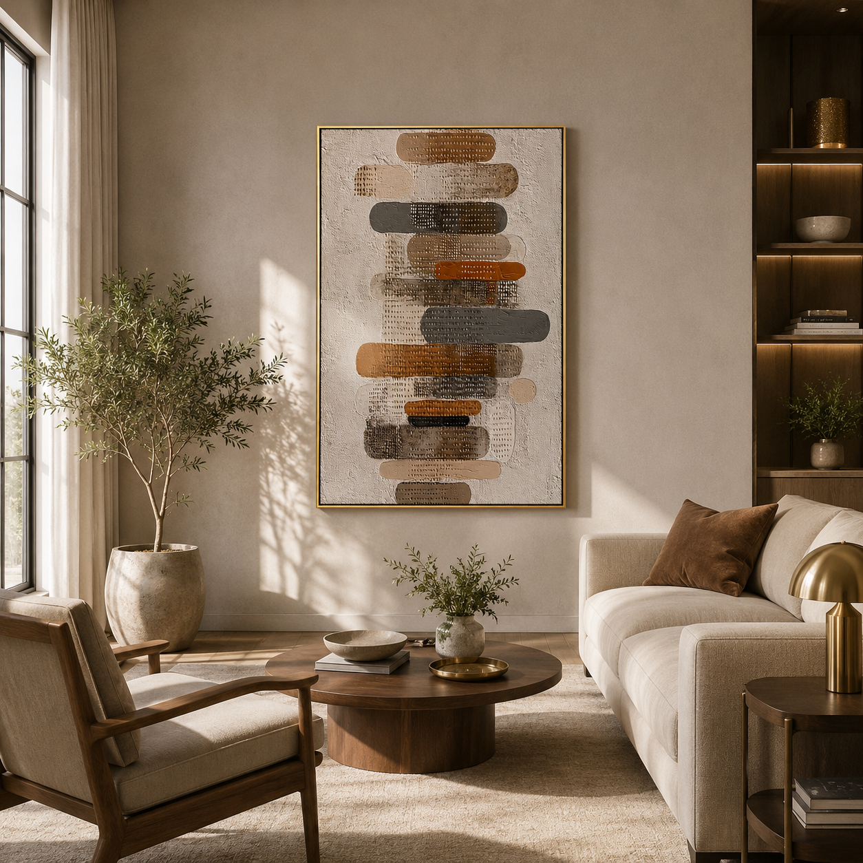 “Stacked Silence” – Neutral Geometric Wabi Sabi Impasto Oil Painting