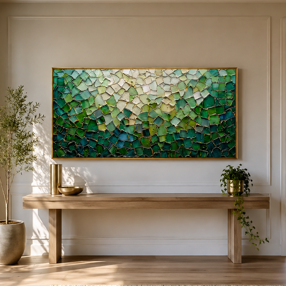 “Emerald Fragments” – Green Mosaic Abstract Impasto Oil Painting