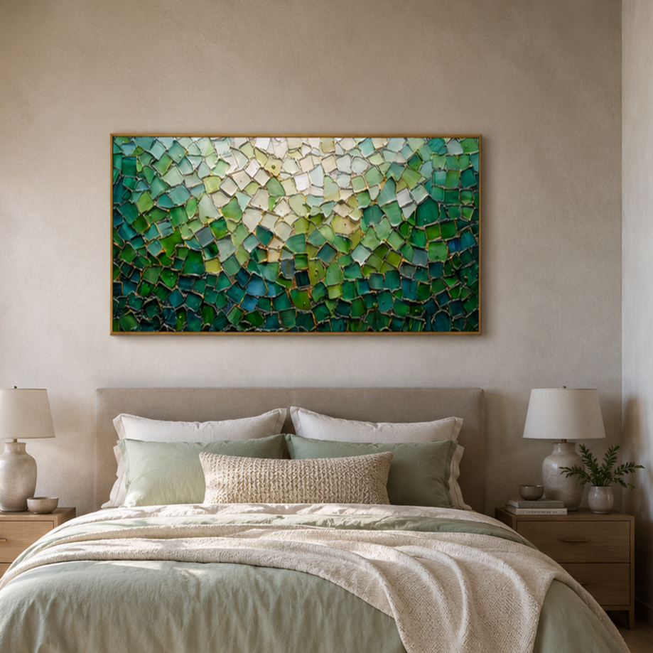 “Emerald Fragments” – Green Mosaic Abstract Impasto Oil Painting