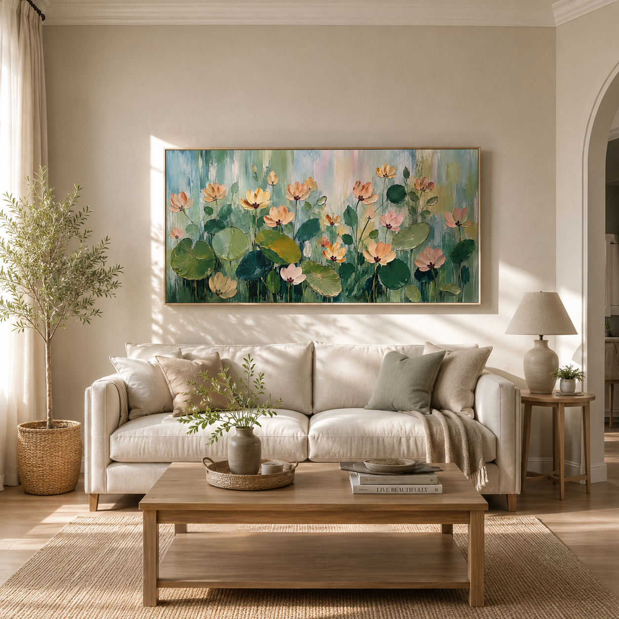 “Lotus Garden Serenade” – Soft Green Floral Impasto Oil Painting