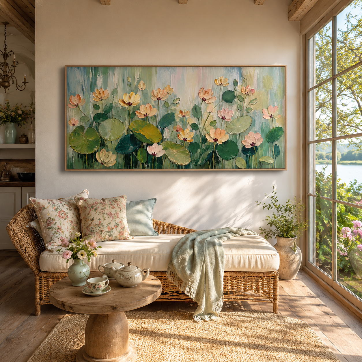 “Lotus Garden Serenade” – Soft Green Floral Impasto Oil Painting