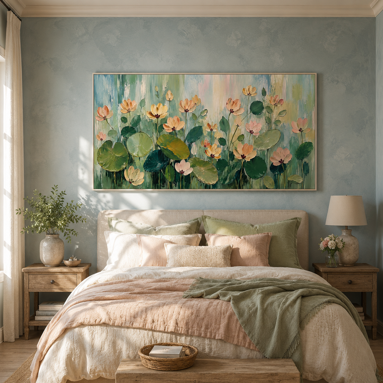 “Lotus Garden Serenade” – Soft Green Floral Impasto Oil Painting