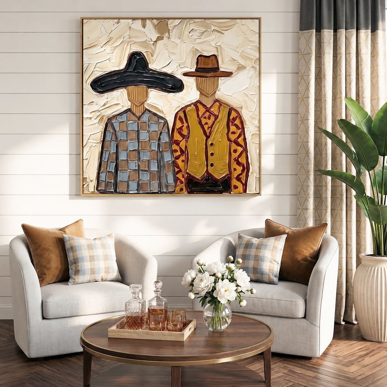 “Ranchside Brothers” – Vintage Western Cowboy Textured Oil Painting