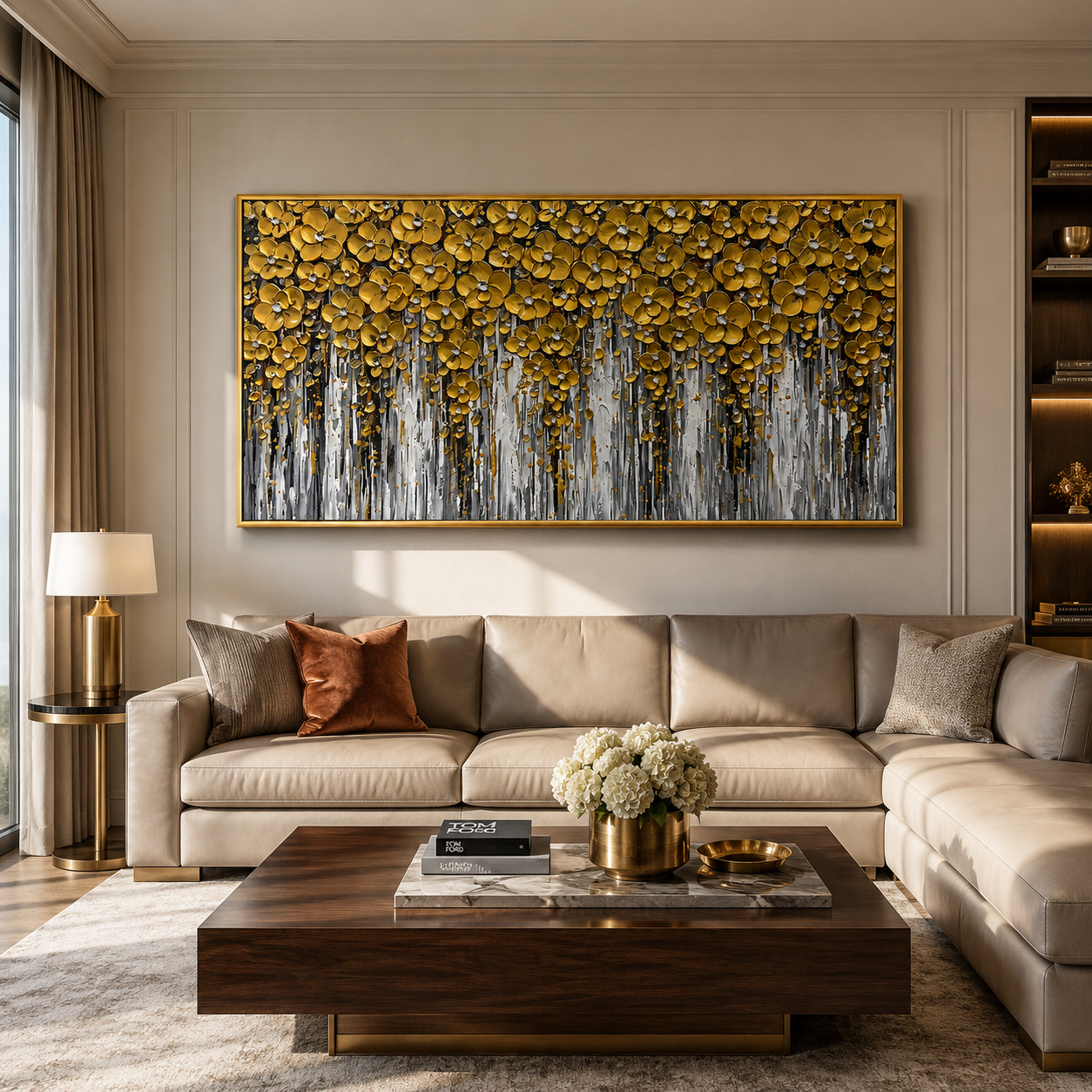“Golden Bloom Cascade” – Luxury Floral Impasto Oil Painting