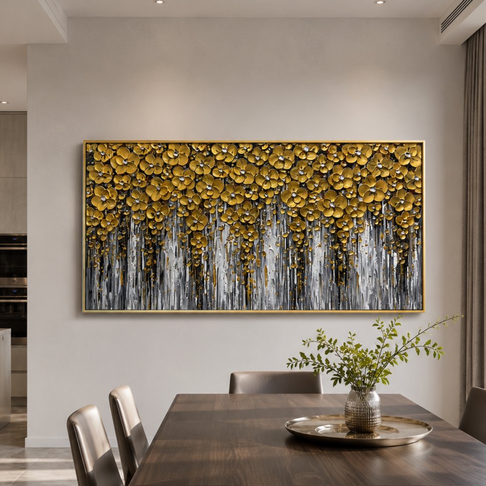 “Golden Bloom Cascade” – Luxury Floral Impasto Oil Painting
