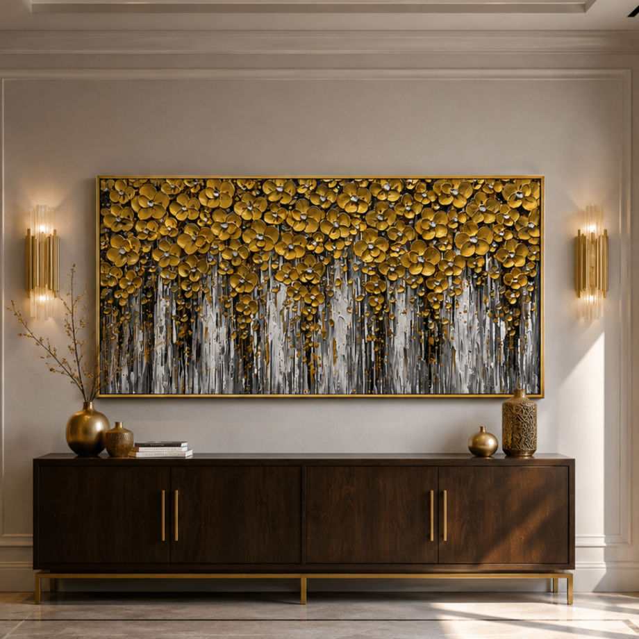 “Golden Bloom Cascade” – Luxury Floral Impasto Oil Painting