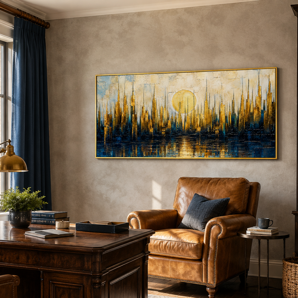 “Golden Metropolis” – Blue Gold Cityscape Impasto Oil Painting