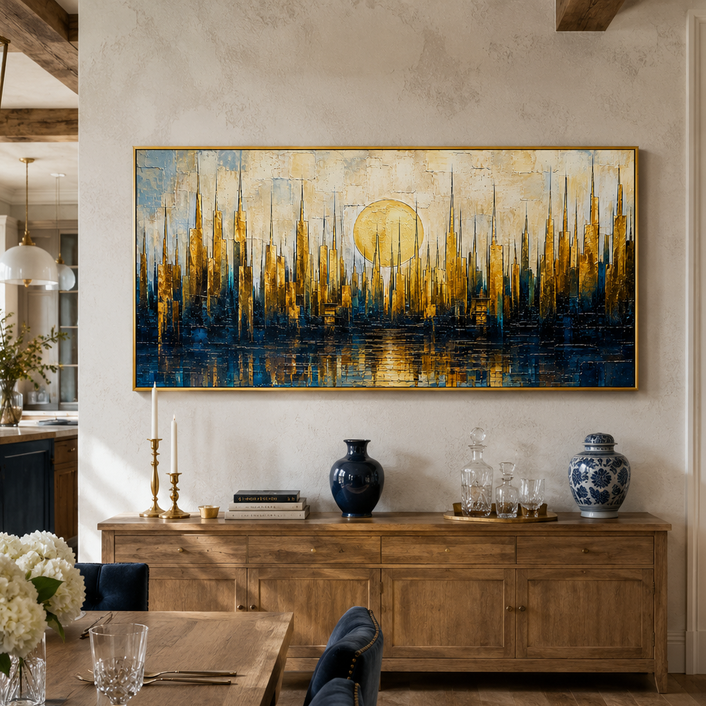 “Golden Metropolis” – Blue Gold Cityscape Impasto Oil Painting