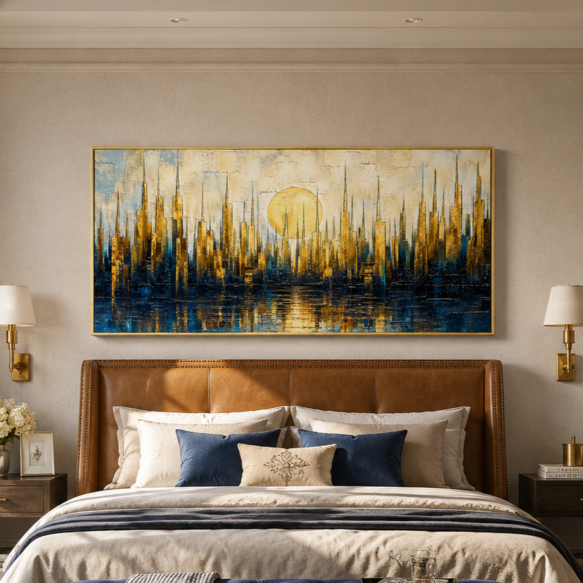 “Golden Metropolis” – Blue Gold Cityscape Impasto Oil Painting