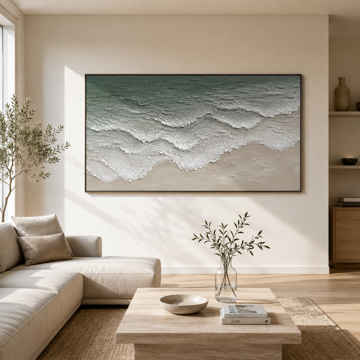 “Tidal Whisper” – Sage Green Coastal Wave Impasto Oil Painting