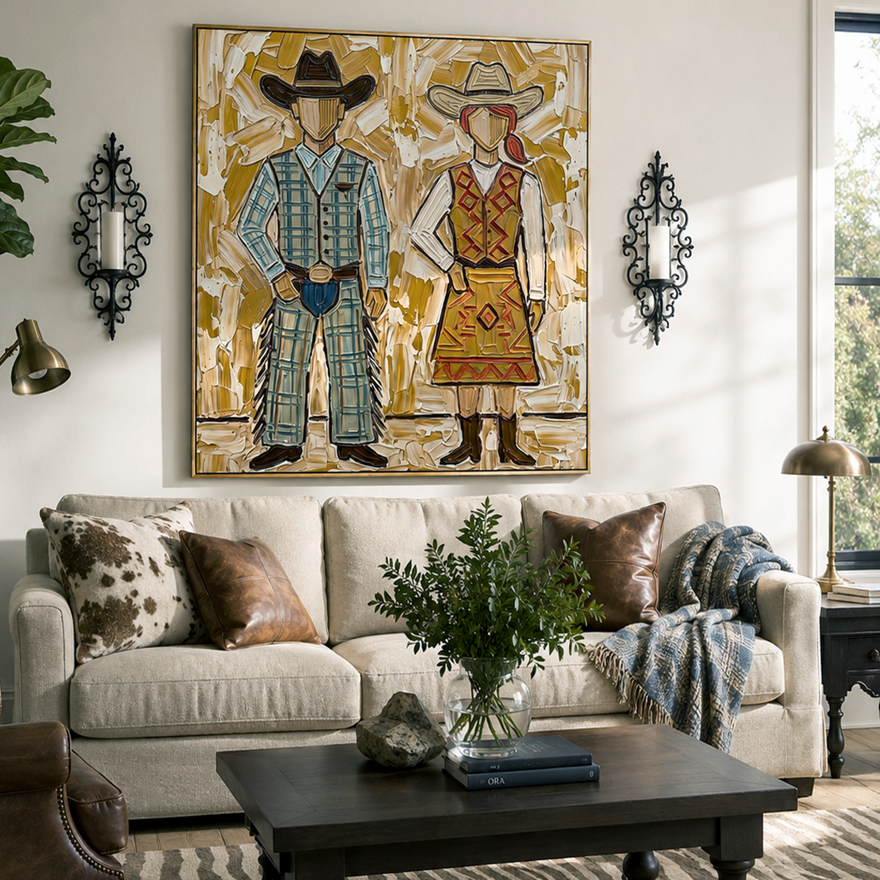 “Prairie Sweethearts” – Vintage Western Cowboy Couple Textured Oil Painting