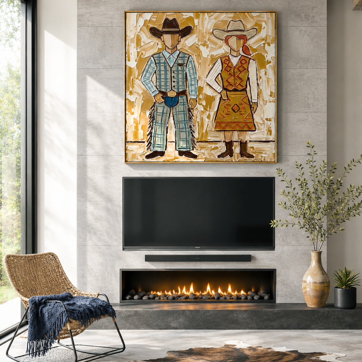 “Prairie Sweethearts” – Vintage Western Cowboy Couple Textured Oil Painting