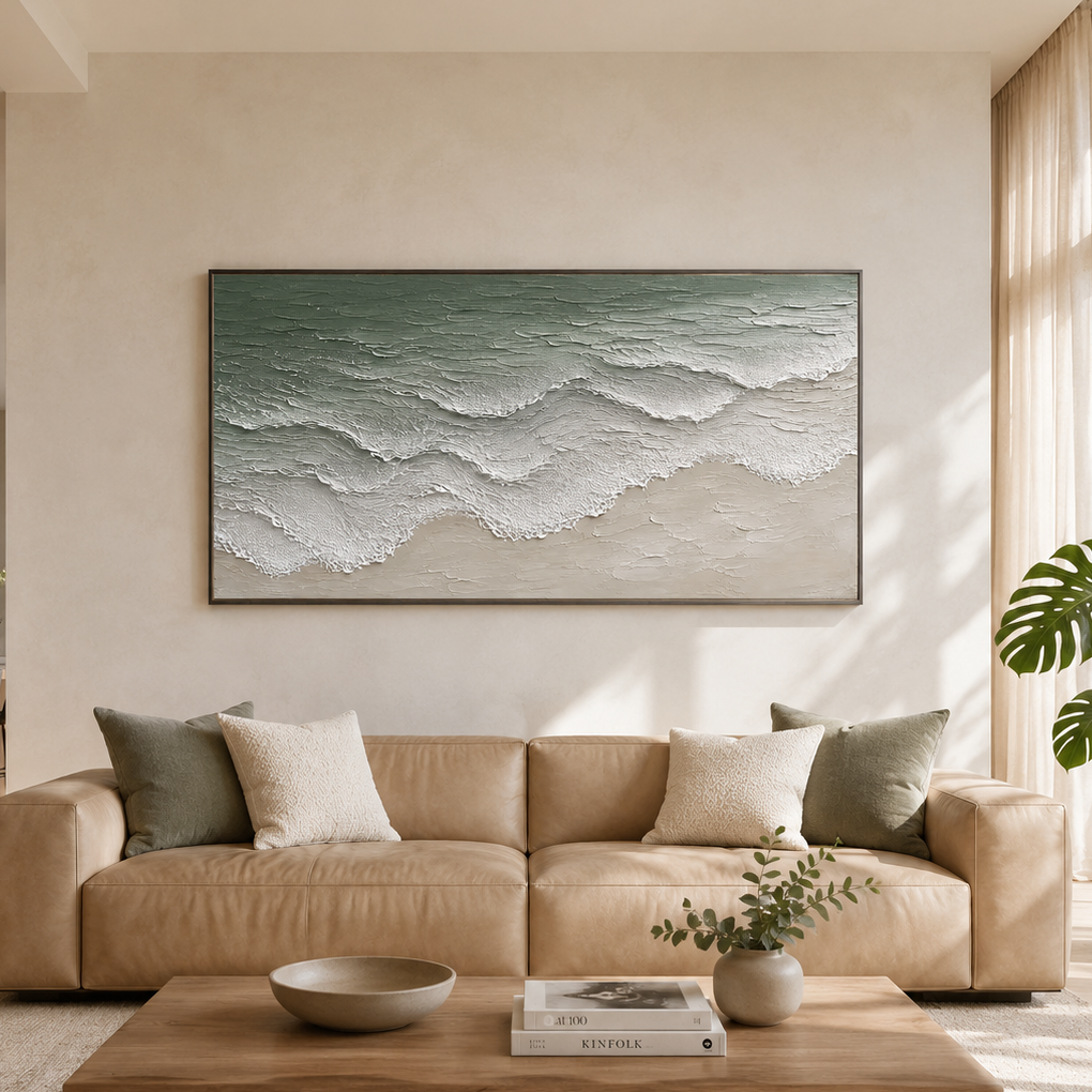 “Tidal Whisper” – Sage Green Coastal Wave Impasto Oil Painting