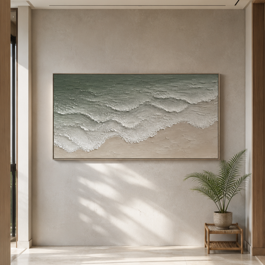 “Tidal Whisper” – Sage Green Coastal Wave Impasto Oil Painting