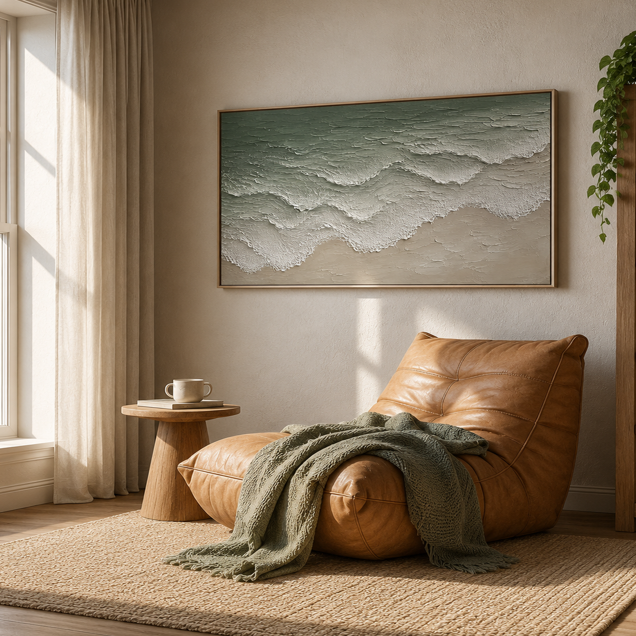 “Tidal Whisper” – Sage Green Coastal Wave Impasto Oil Painting