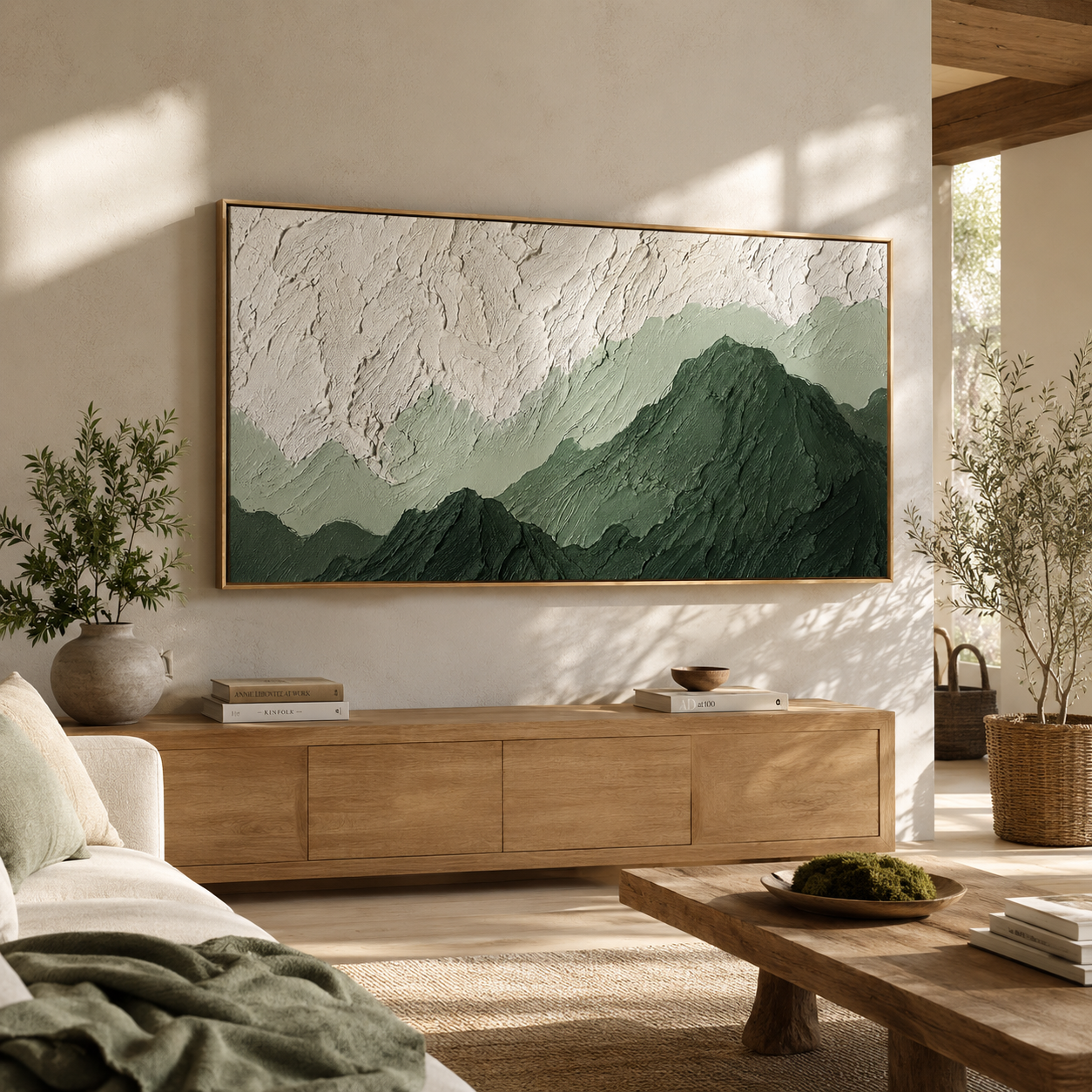 “Verdant Stillness” – Green Mountain Wabi Sabi Impasto Oil Painting