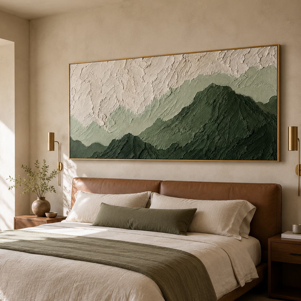“Verdant Stillness” – Green Mountain Wabi Sabi Impasto Oil Painting