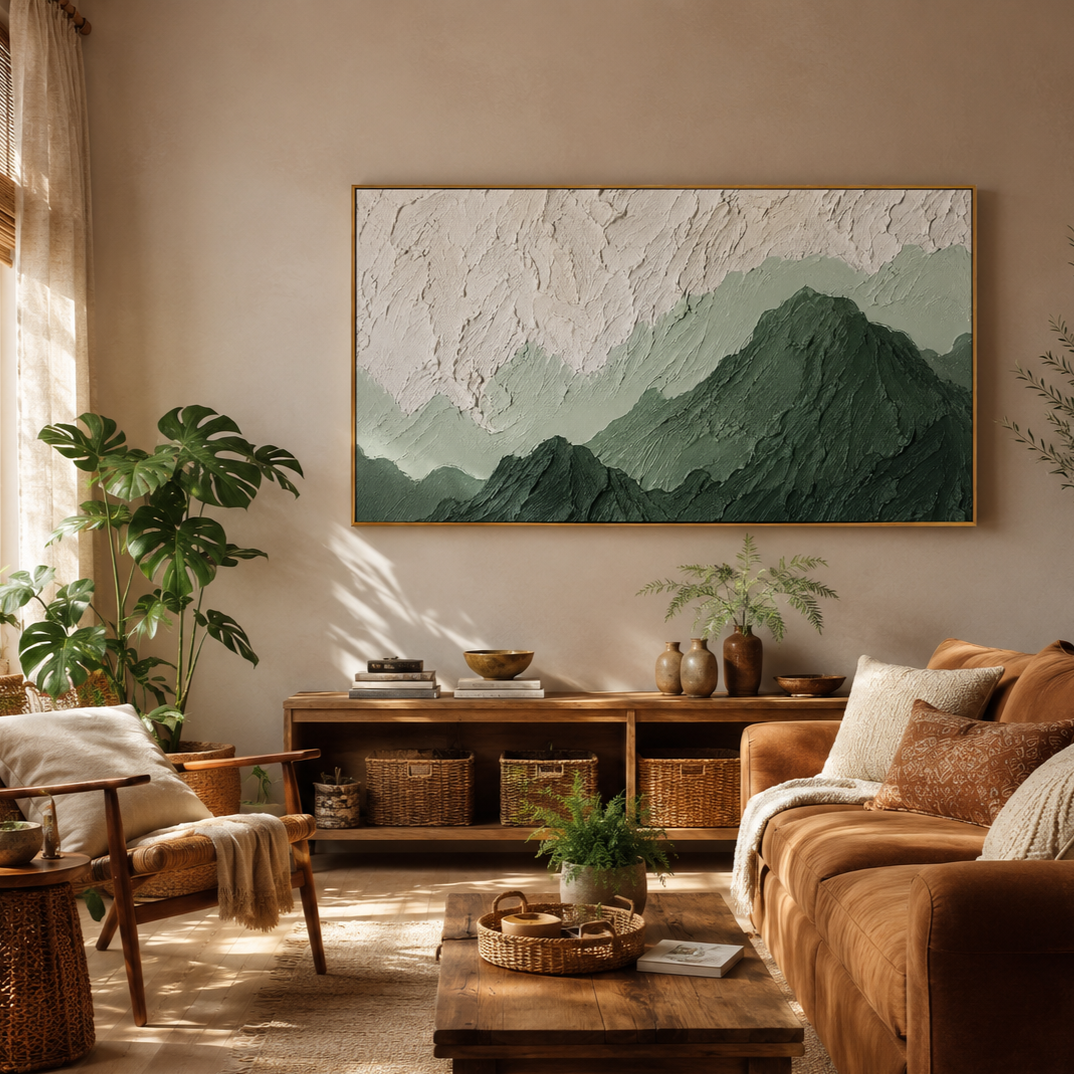 “Verdant Stillness” – Green Mountain Wabi Sabi Impasto Oil Painting