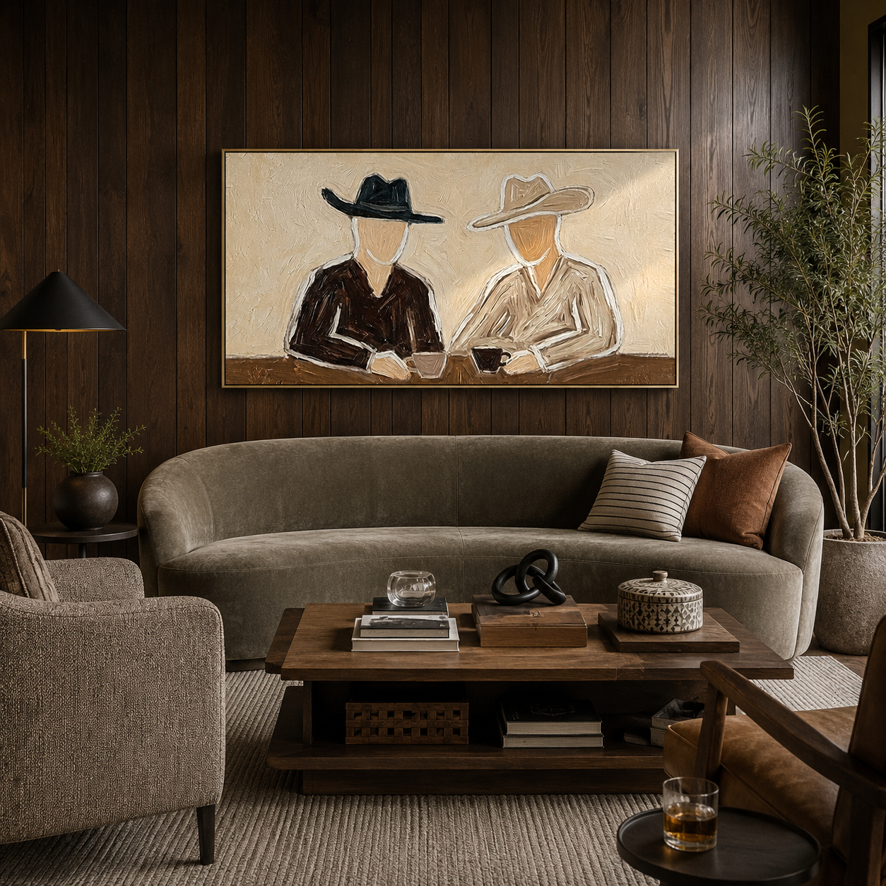 “Coffee at Sundown” – Minimal Western Cowboy Impasto Oil Painting