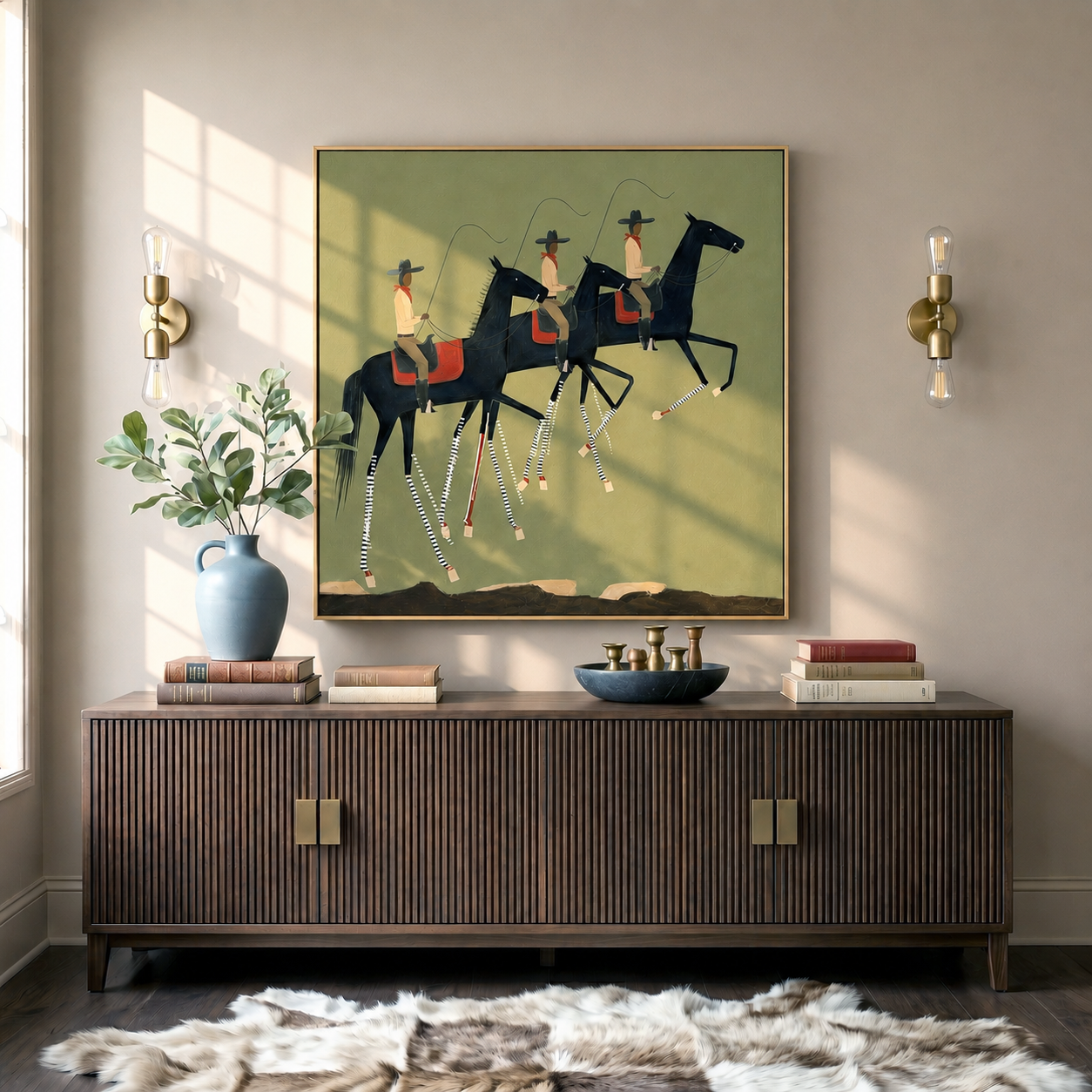 "Riders in Rhythm" – Western Cowboy Horse Parade Oil Painting in Olive Green