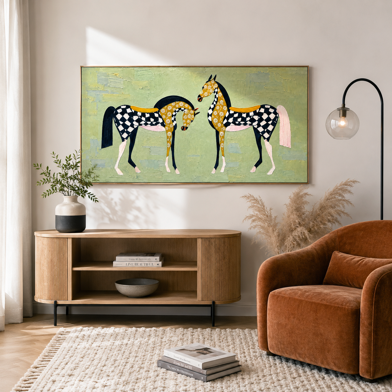 “Checkered Meadow Horses” – Whimsical Folk Horse Impasto Oil Painting