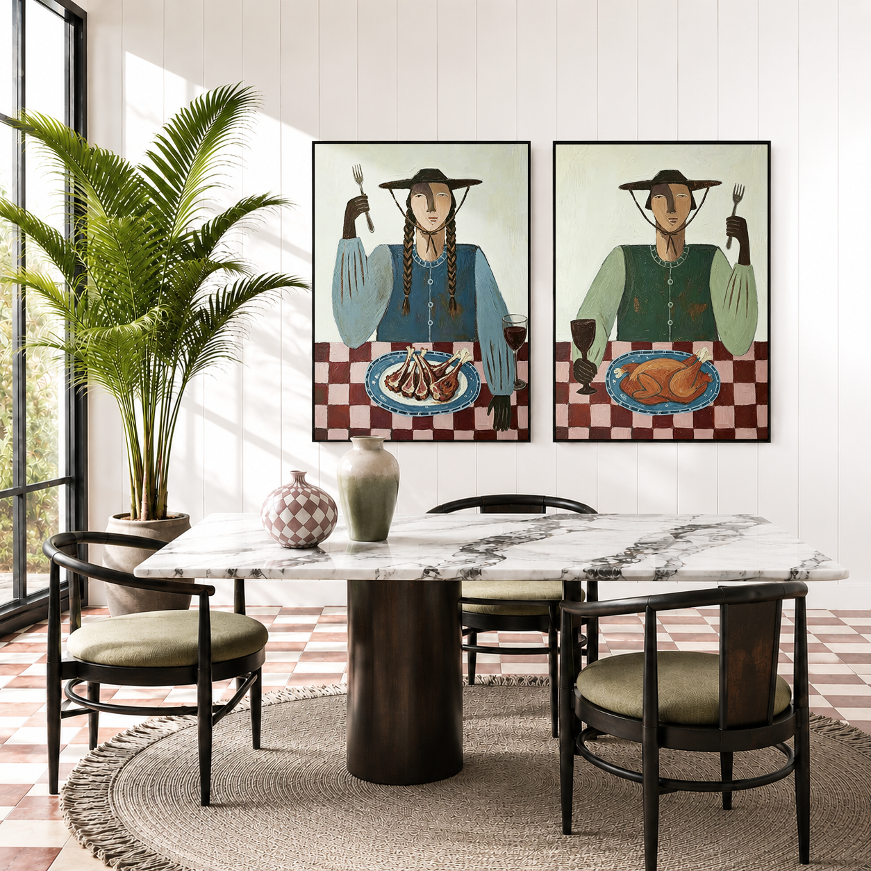 “The Rustic Feast” – Folk Art Dining Portrait Oil Painting Set