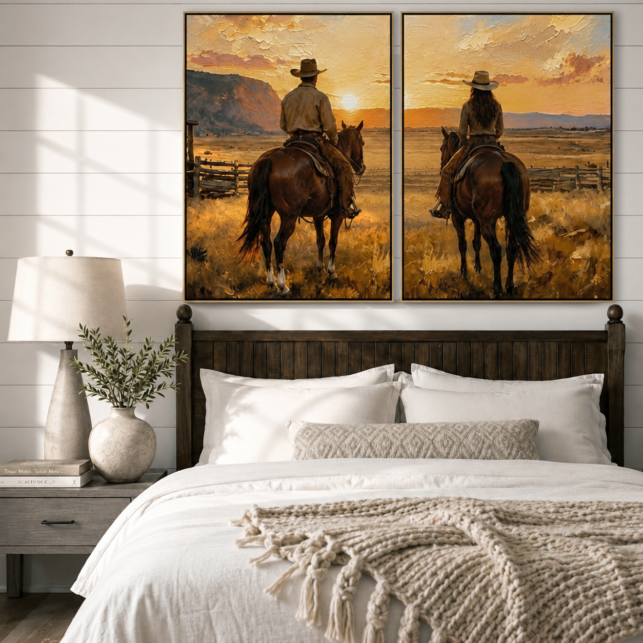 "Golden Horizon Companions" – Western Cowboy & Cowgirl Sunset Diptych Oil Painting
