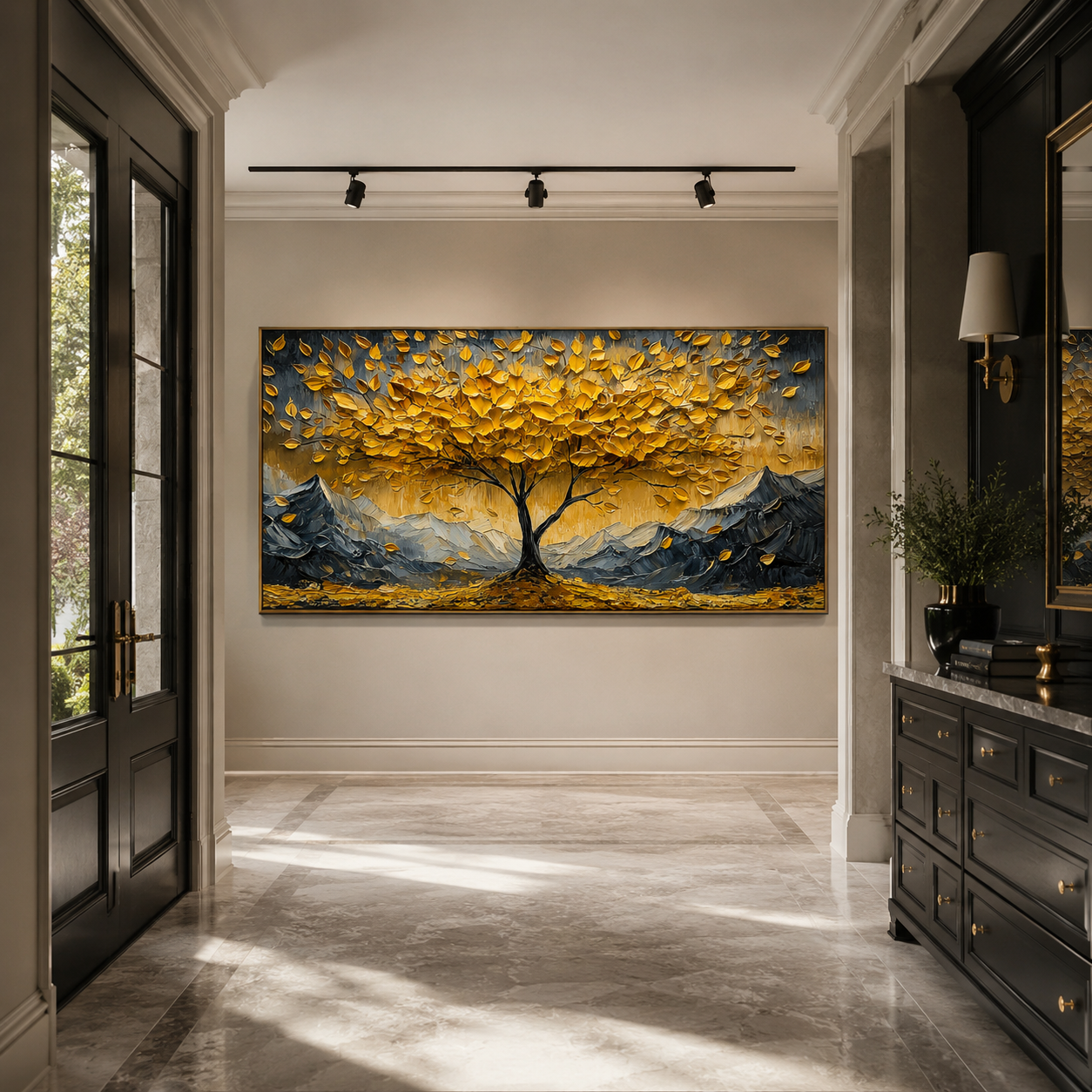 “Golden Abundance” – Textured Tree and Mountain Landscape Oil Painting