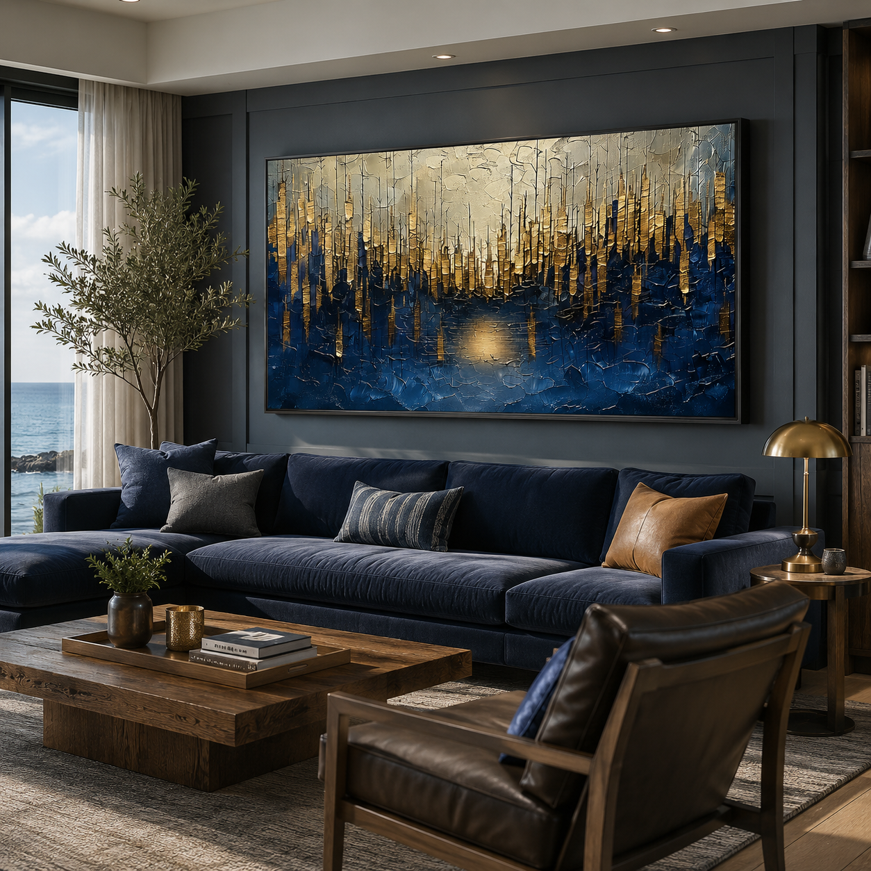 “Golden Metropolis” – Blue and Gold Abstract Cityscape Oil Painting
