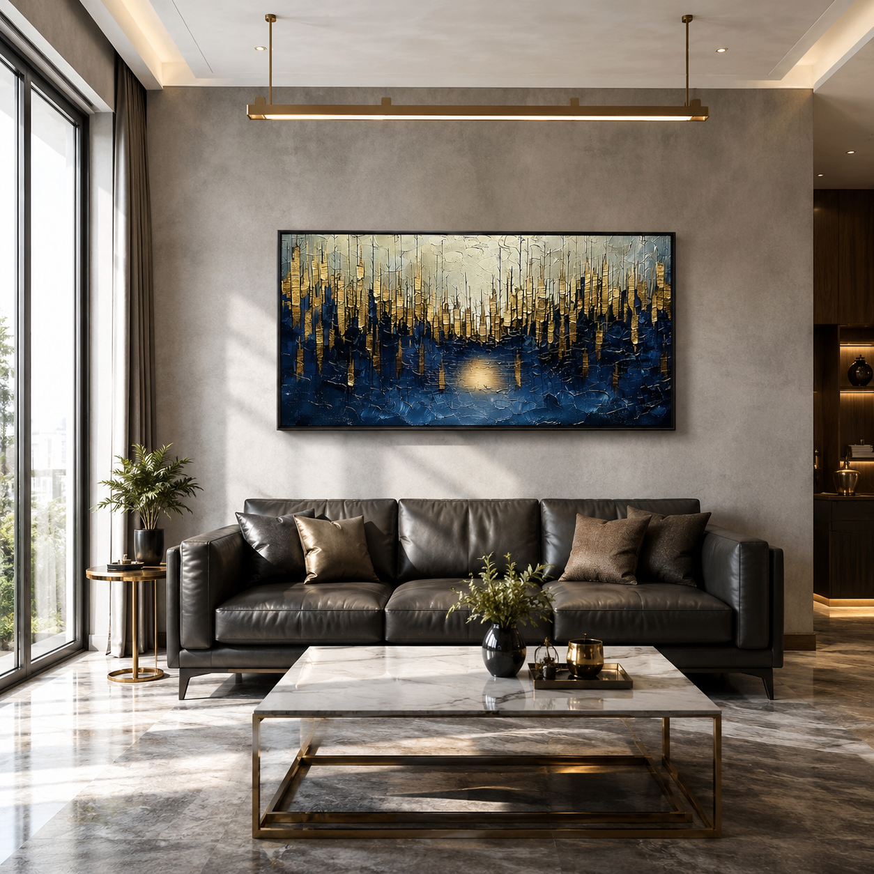“Golden Metropolis” – Blue and Gold Abstract Cityscape Oil Painting