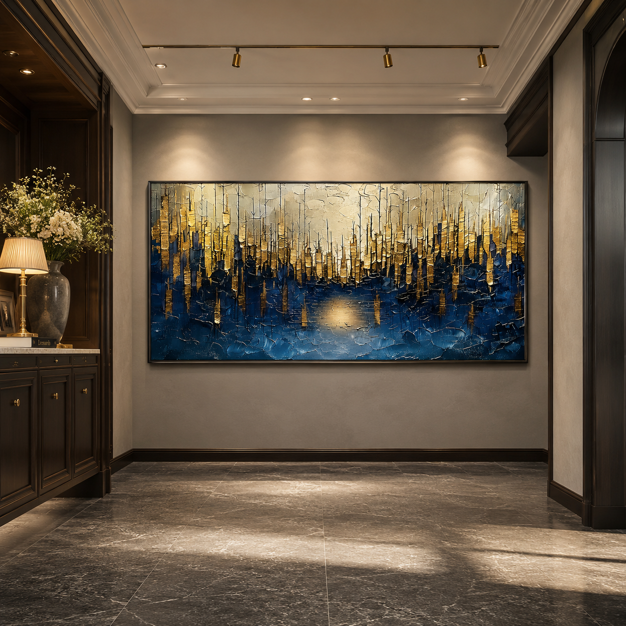 “Golden Metropolis” – Blue and Gold Abstract Cityscape Oil Painting