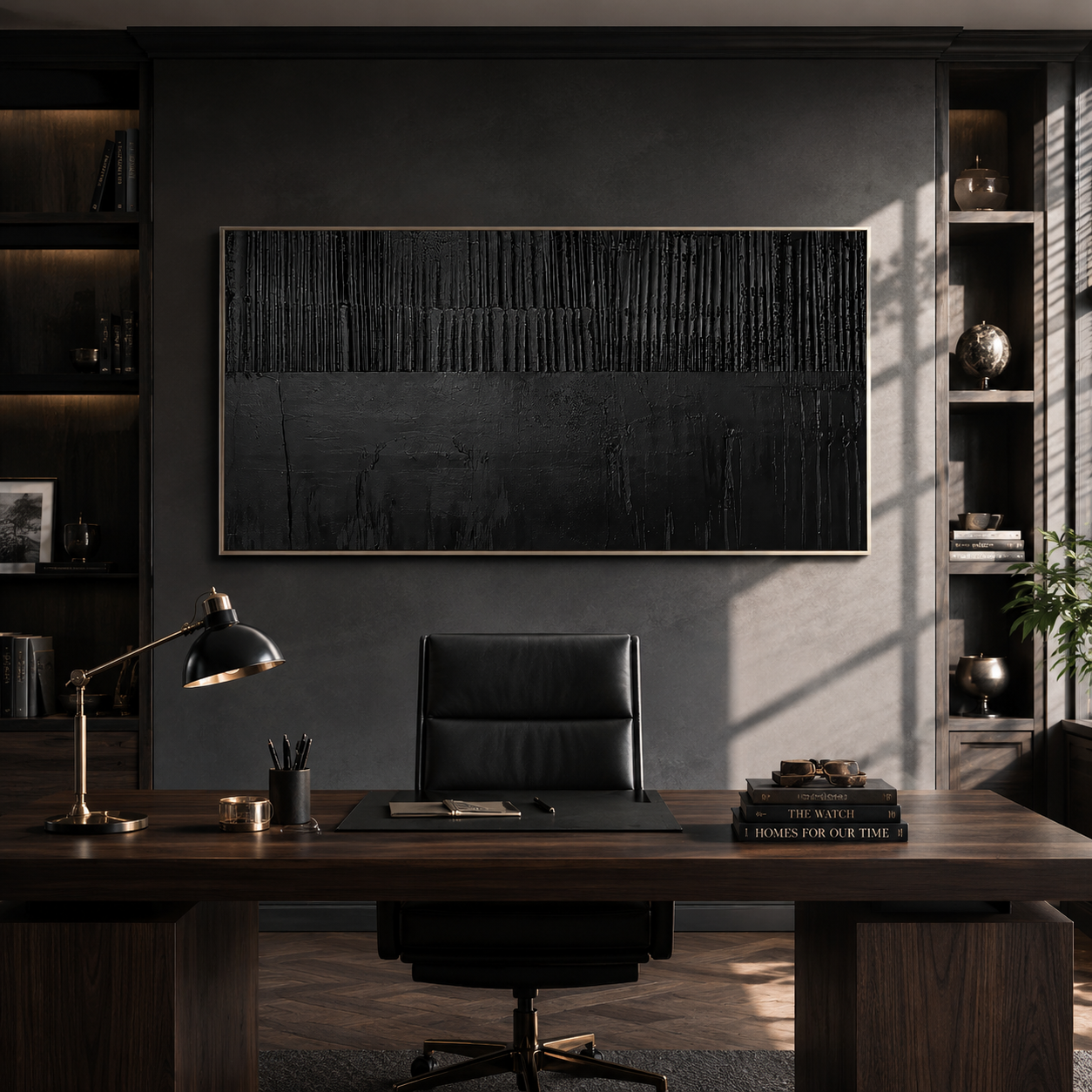 “Noir Structure” – Black Textured Abstract Oil Painting